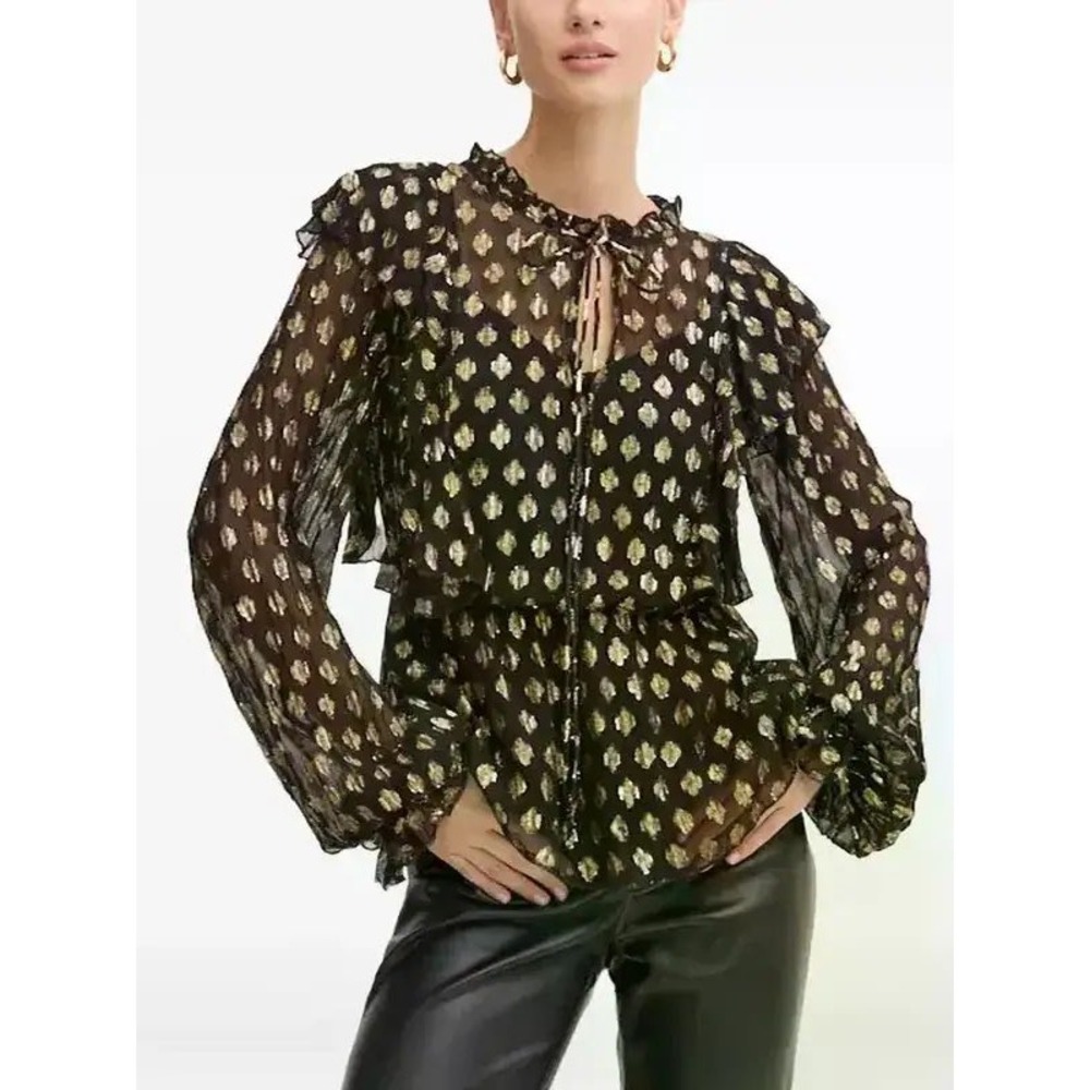 Never Fully Dressed $250 Black Gold Metallic Geometric Ruffled Blouse Top Sz 16